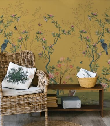 3-Yellow chinoiserie wallpaper with birds