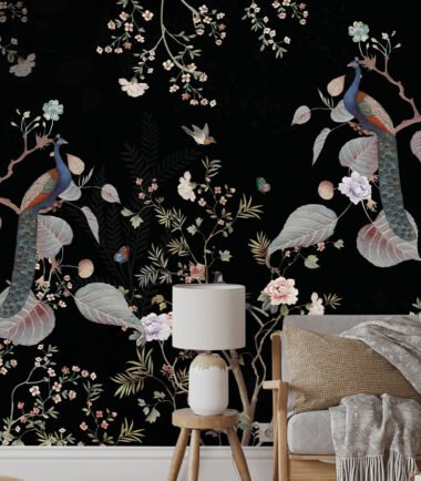 Flower and Peacock on Black Background Chinoiserie Wallpaper